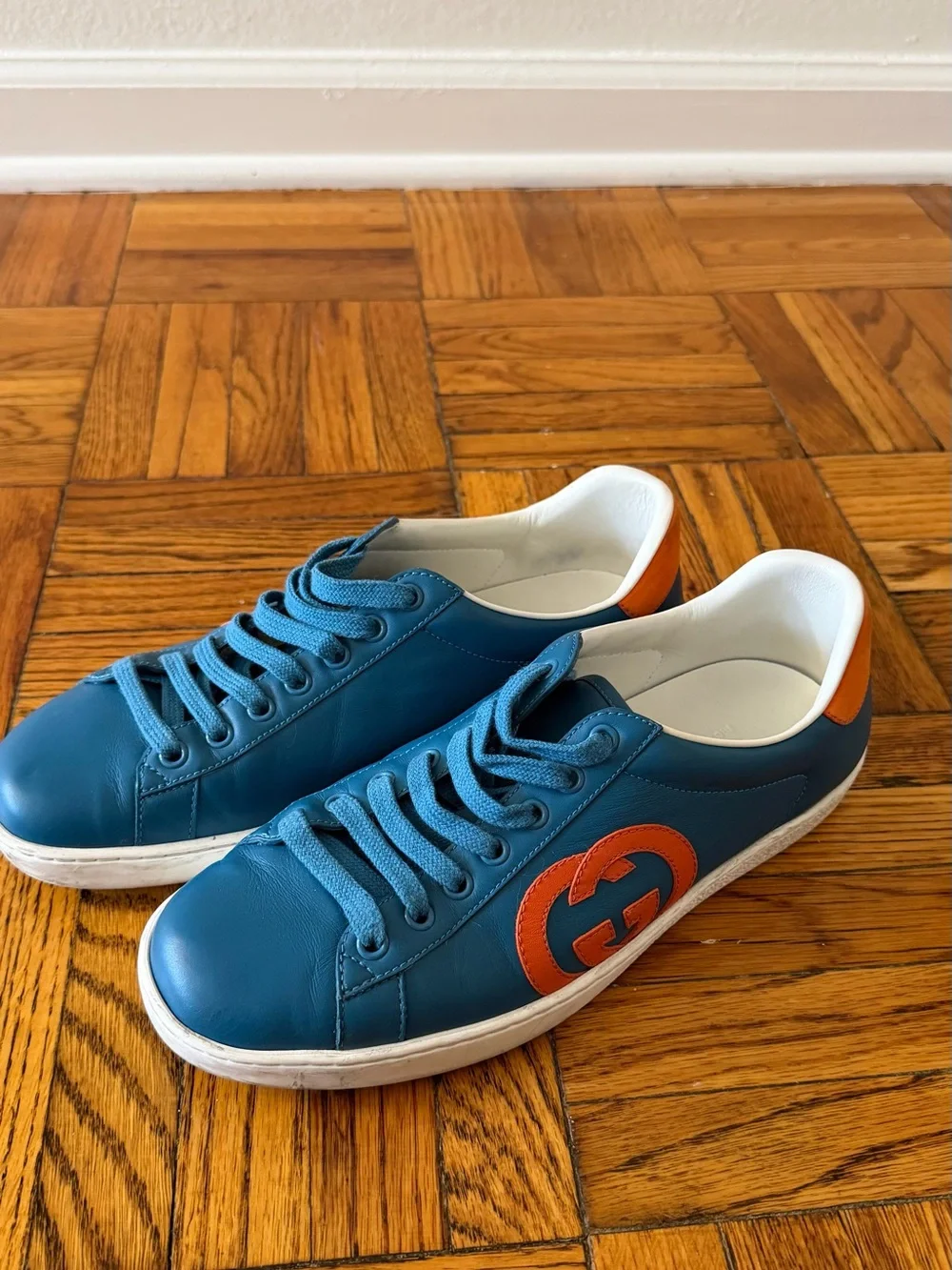 Gucci Teal Leather Low-Top Sneakers with Orange GG Accent